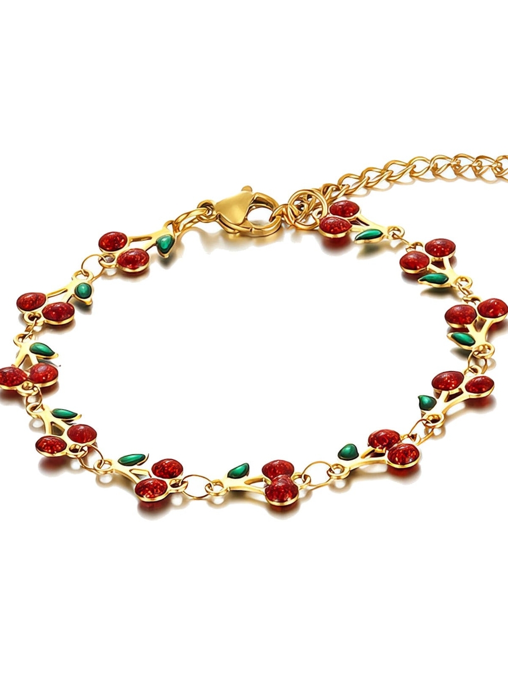 Gold Cherry Charm Bracelet with Red and Green Enamel